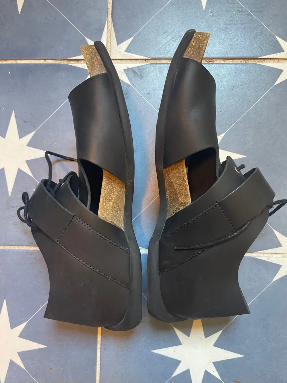 John Fluevog Black Leather Slide Buckle Sandals